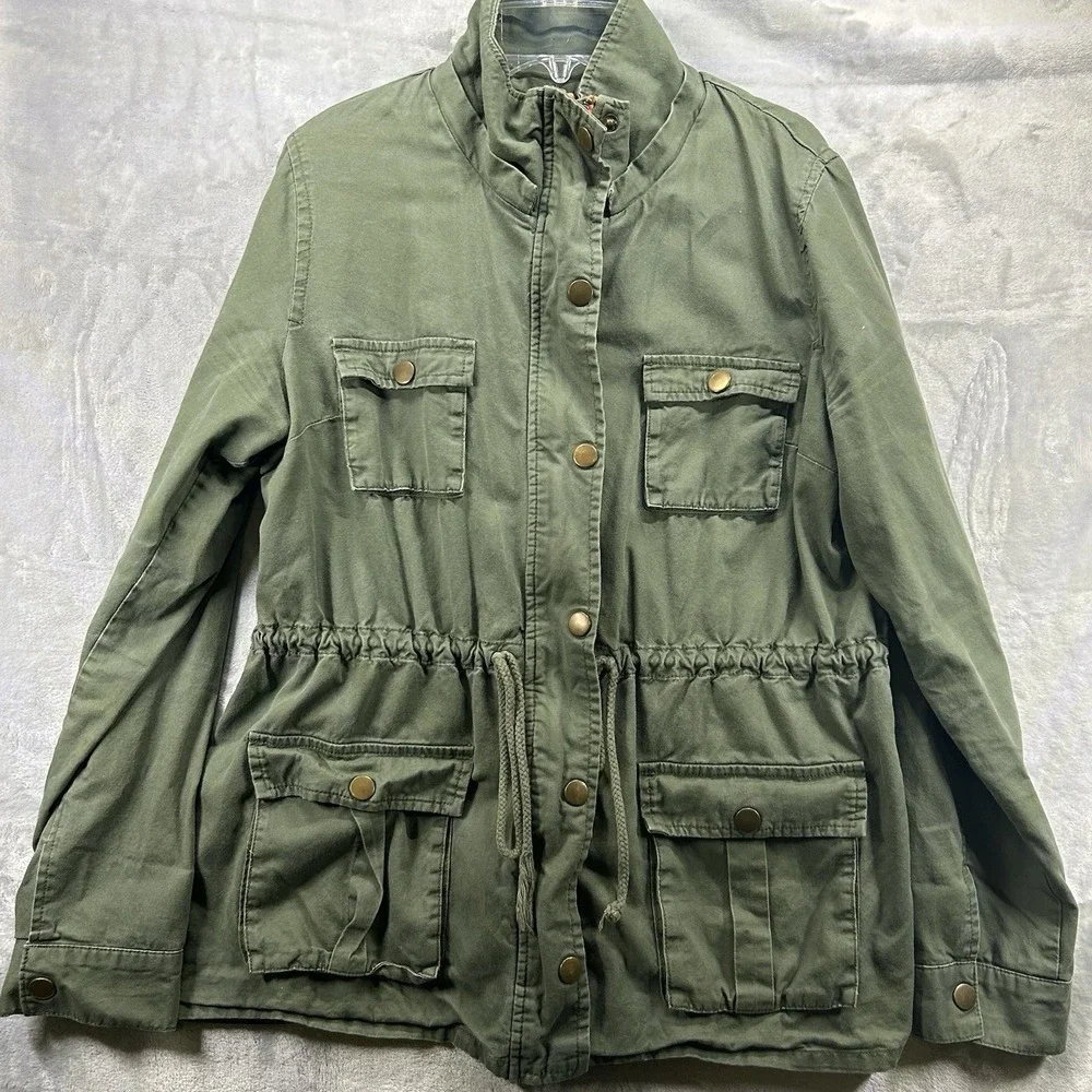 Market & Spruce Military Style Jacket w/Hood Cotton/Spandex Dark Green Sz Large‎
